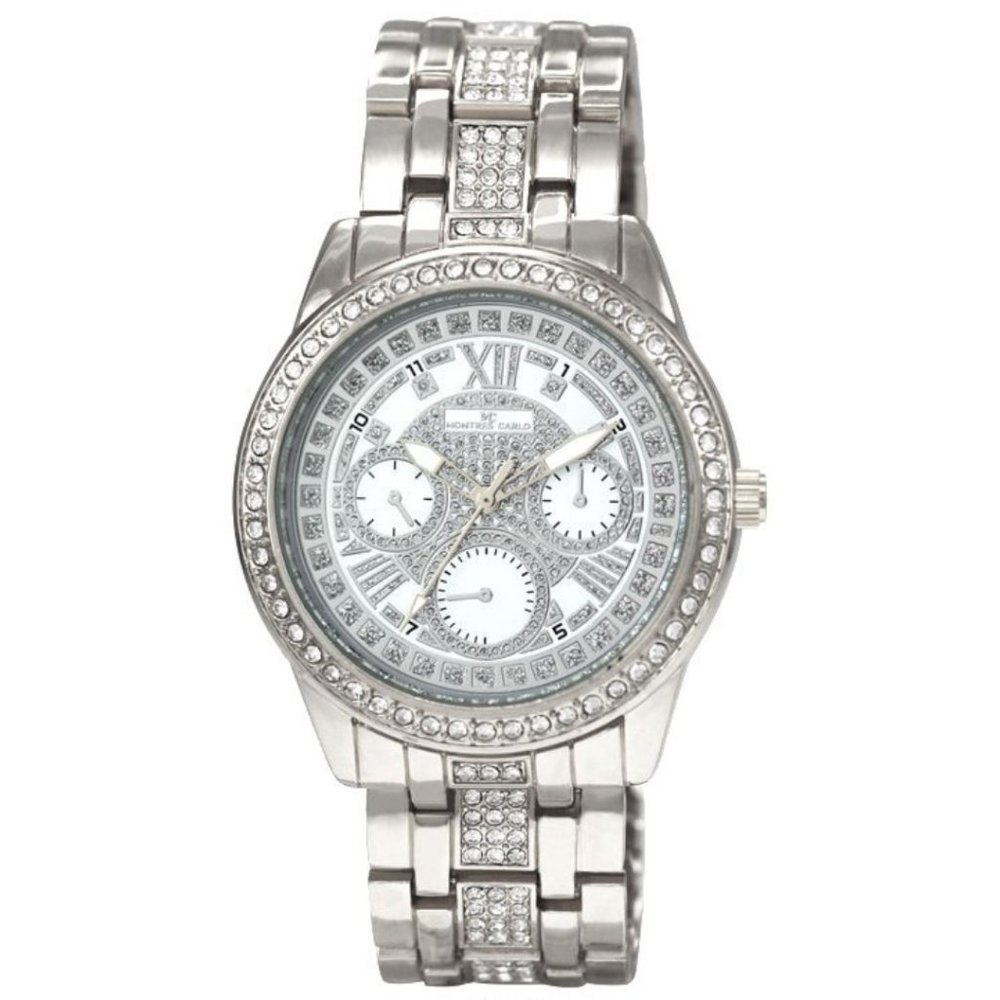 42mm Montres Carlo Women Luxury Silver Sparkling Stone Fashion Dress Watch